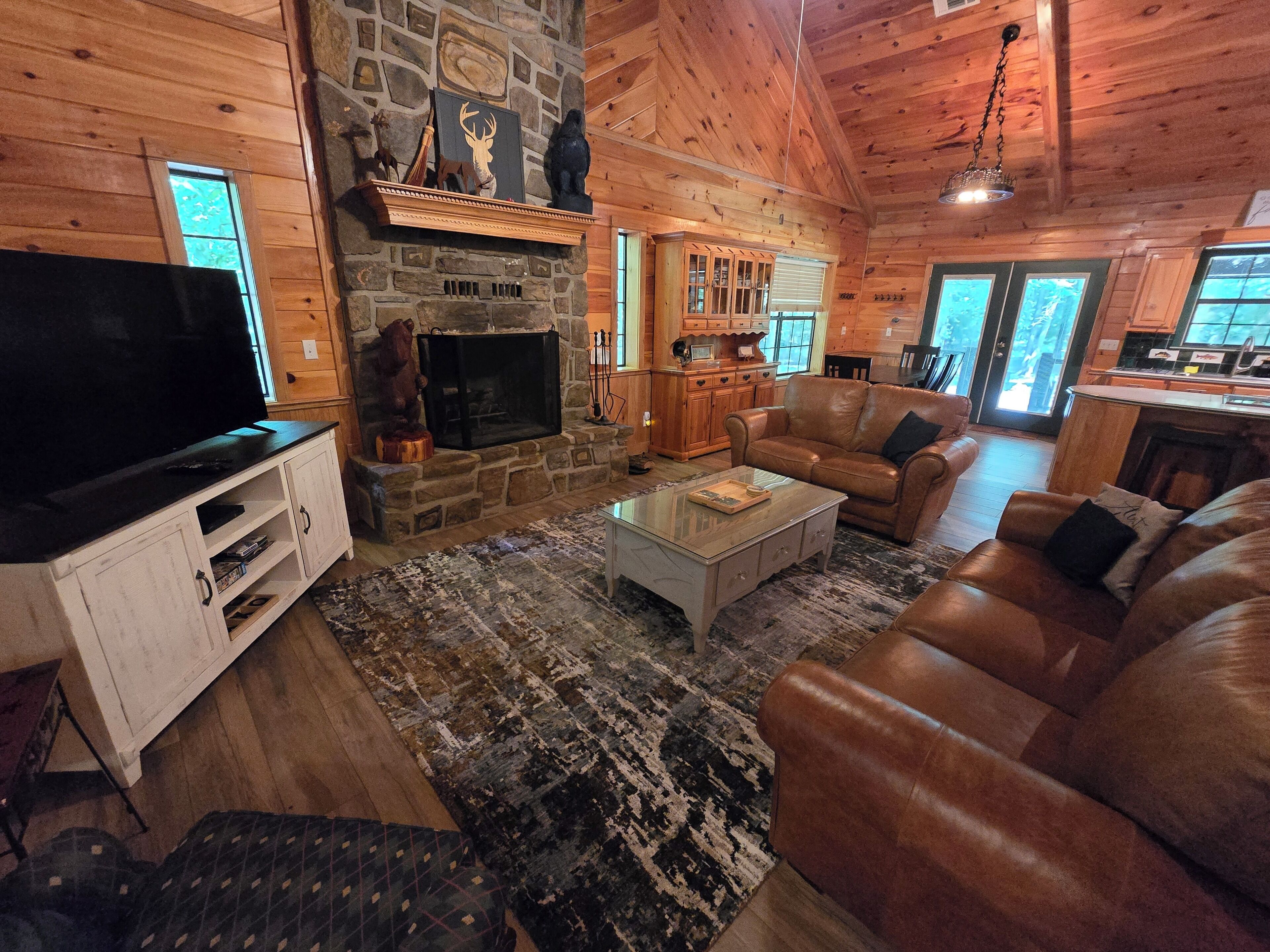 Smart TV, fireplace, books