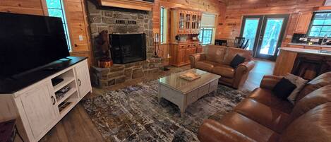 Smart TV, fireplace, books