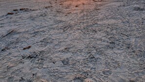 En strand med en vacker solnedgång, en sandstrand och vågor som rullar in mot land.