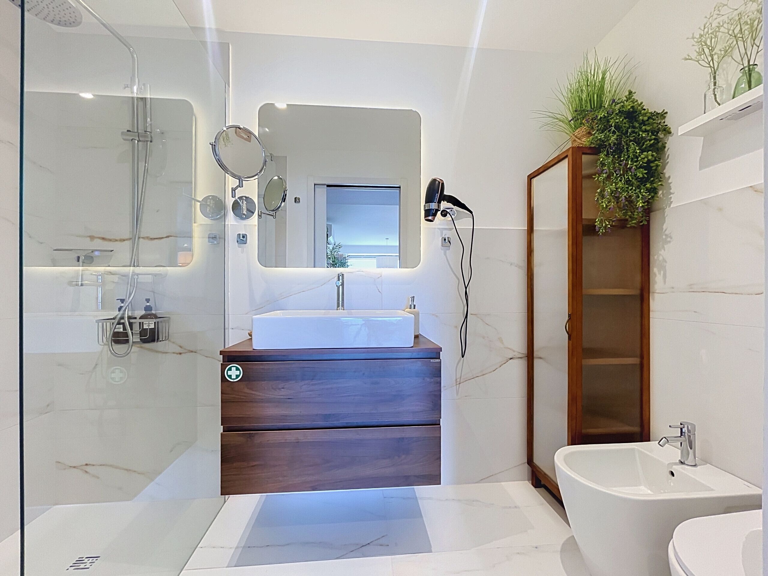 Een moderne badkamer met een douchecabine van glas, een wastafel met spiegel en een houten kastje met een plant.