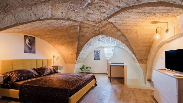 Una camera da letto con soffitto a volta, un letto, una scrivania e una televisione.