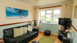 Una sala de estar con un sofá de cuero negro, un tapete verde, un televisor y un cuadro de una escena de playa.