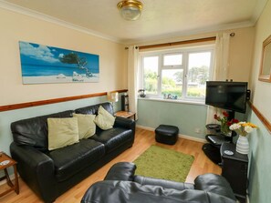 Ein Wohnzimmer mit einer schwarzen Ledersofa, einem grünen Teppich, einem Fernseher und einem Gemälde mit Strandmotiv.