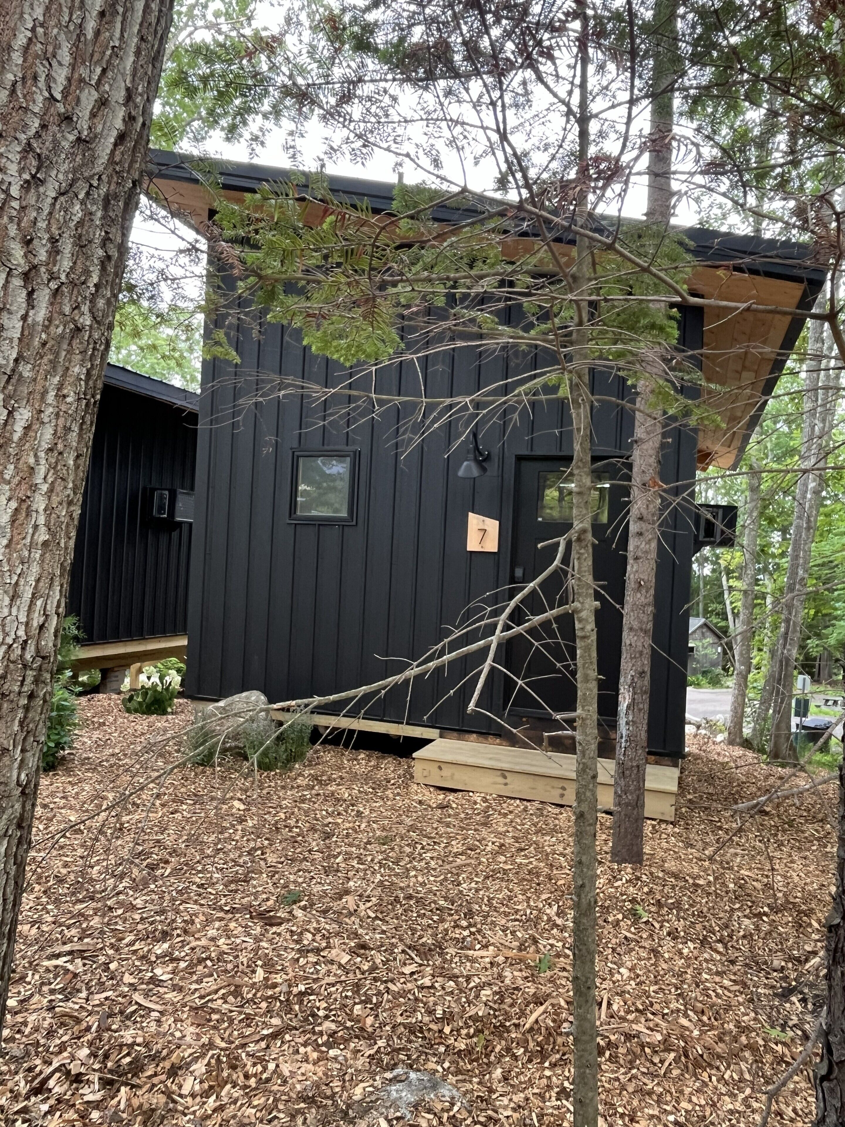 Eine kleine, schwarze Holzhütte mit einer Holzdiele, umgeben von Bäumen und Mulch.