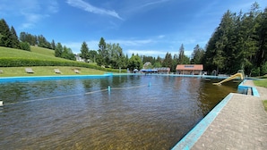 Una piscina amb vora blava, envoltada d'una zona verda i arbres.
