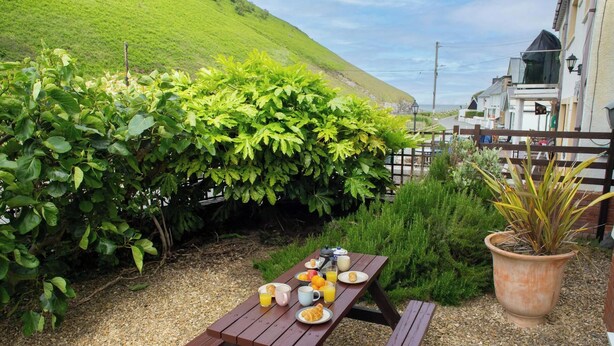Et picnicbord med mad og drikke, en stor potteplante og udsigt til havet.