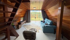 Interior modern amb un sostre inclinat de fusta, un sofà, una cadira de pell i vistes a través d'una porta de vidre.