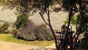 Zona de pati amb taula i cadires, envoltada de plantes variades i una paret de pedra.