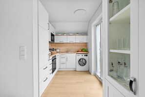 A modern kitchen with white cabinetry, a wooden countertop, a washing machine, and a glass cabinet with bottles. - Seeschwalbe - Balcony, parking space, wash-dryer, 3 TVs, infrared cabin (Olpenitz)