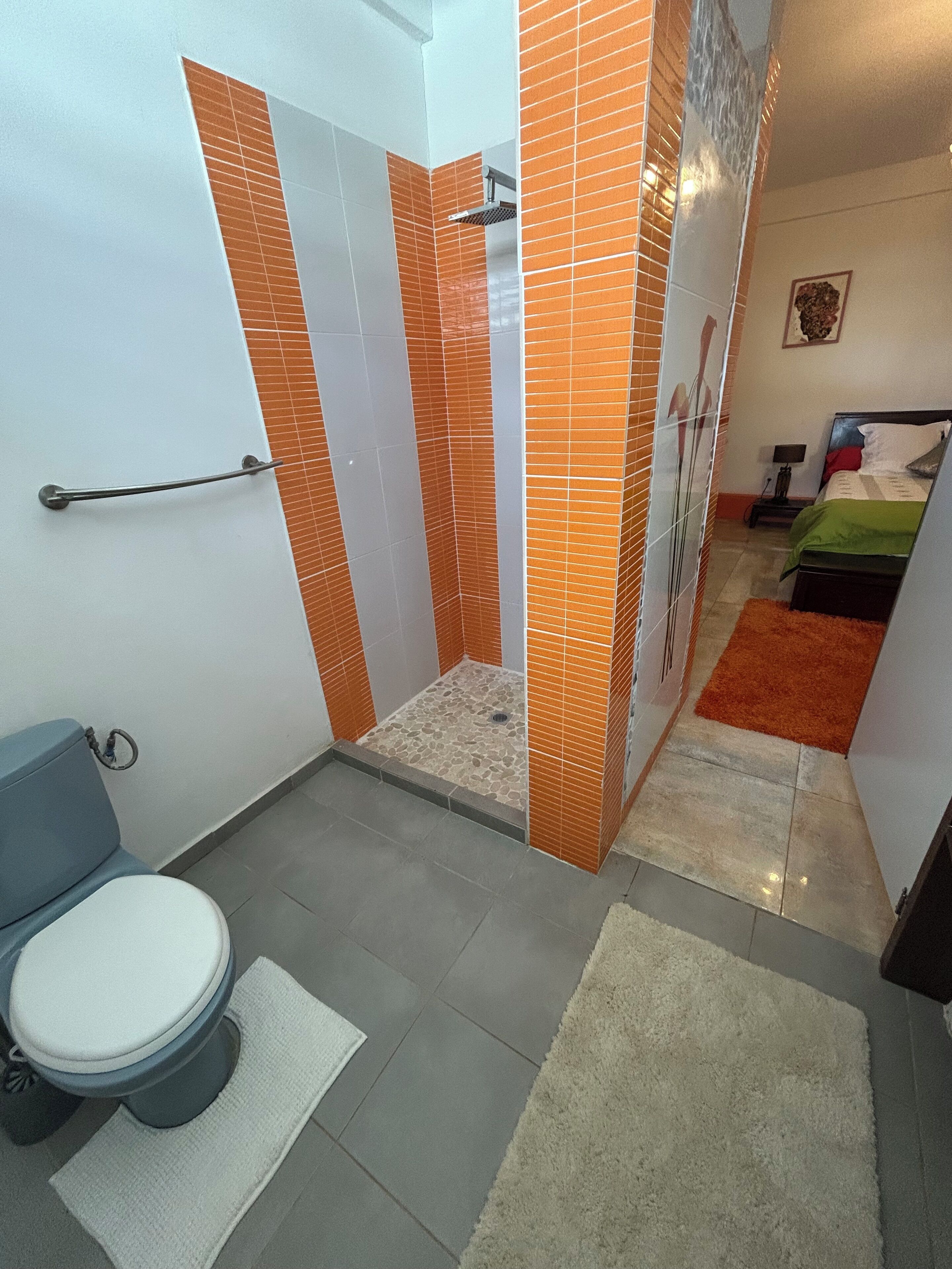 A bathroom with a shower, toilet, and a small bedside table with a lamp.