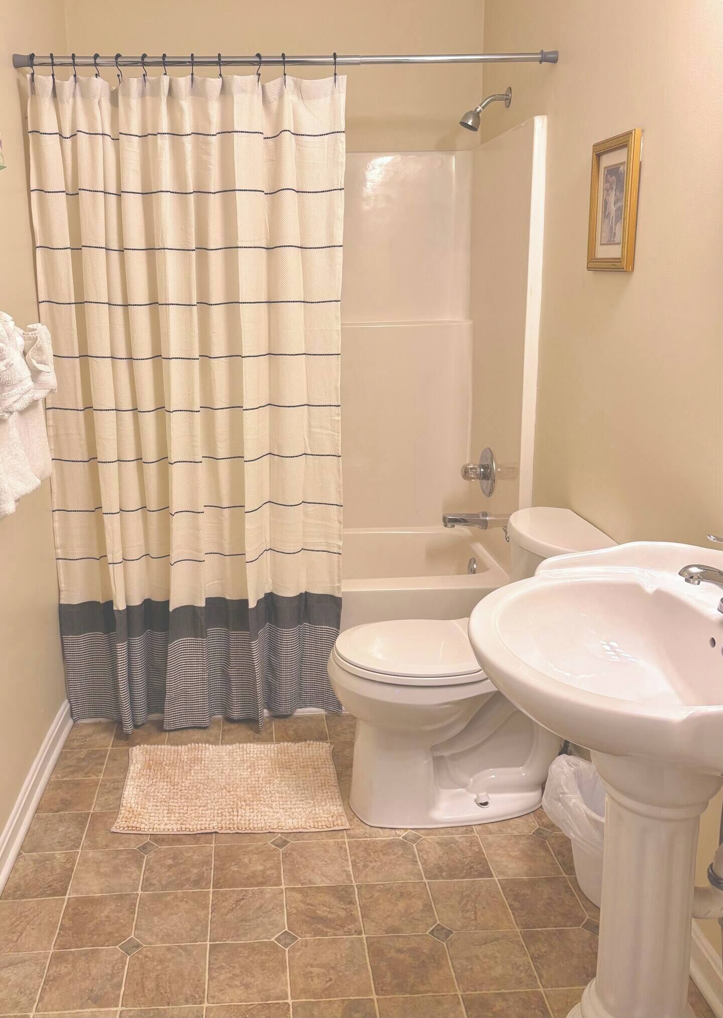 Une salle de bain avec douche, toilettes et lavabo.