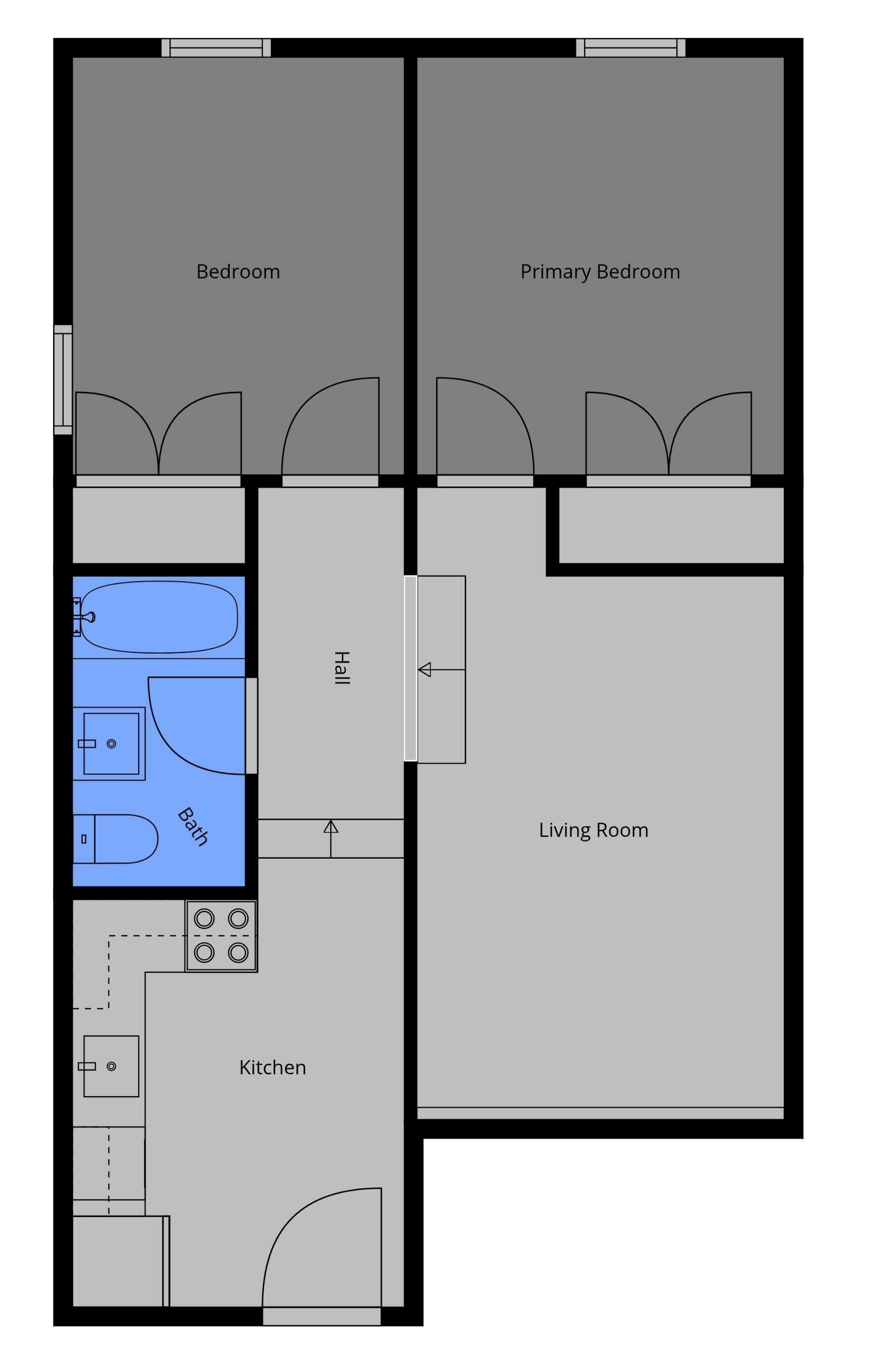 Ein Grundriss mit Schlafzimmer, Hauptschlafzimmer, Wohnzimmer, Bad und Küche.