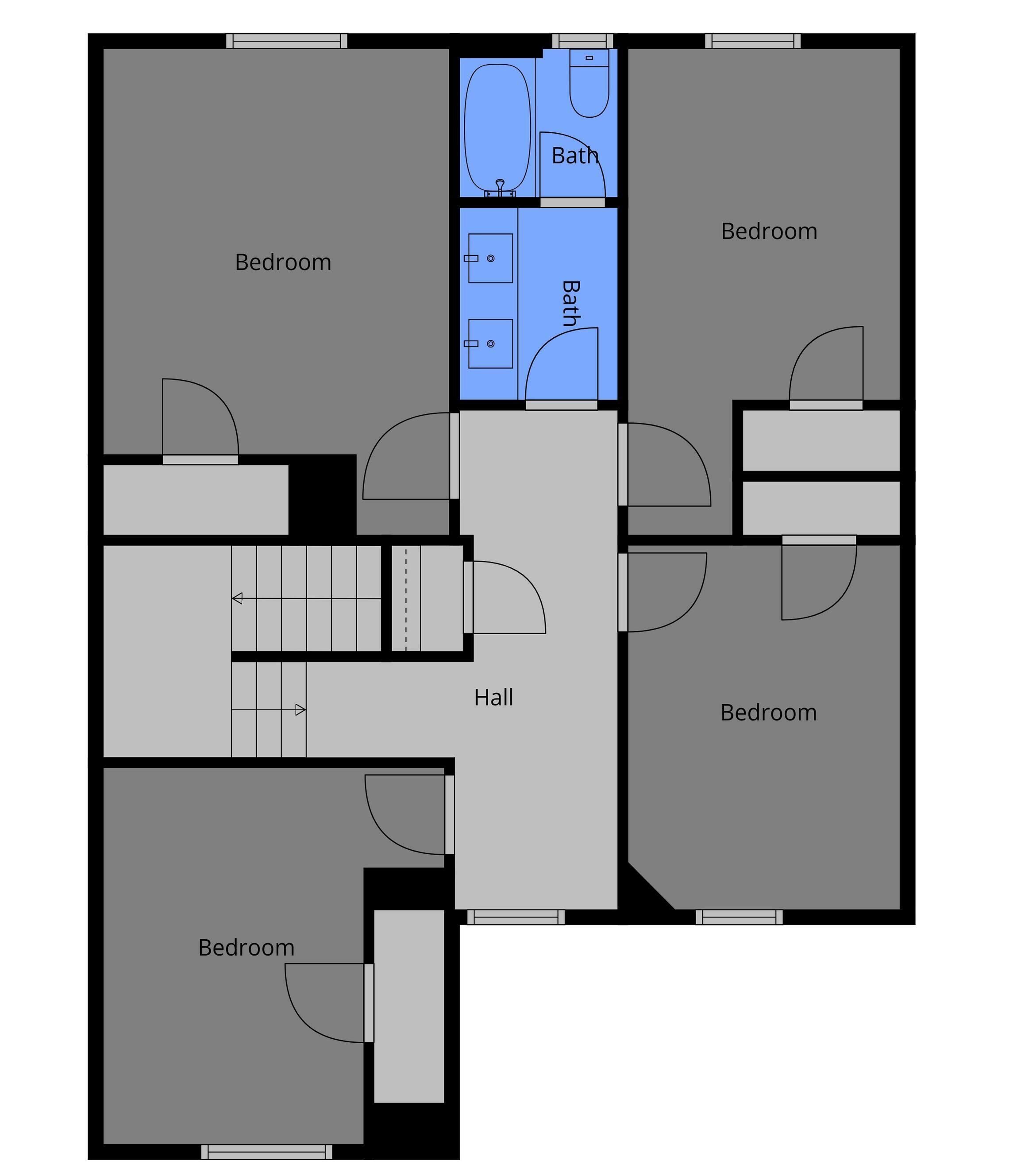 A floor plan with multiple bedrooms, a bathroom, and a hall.