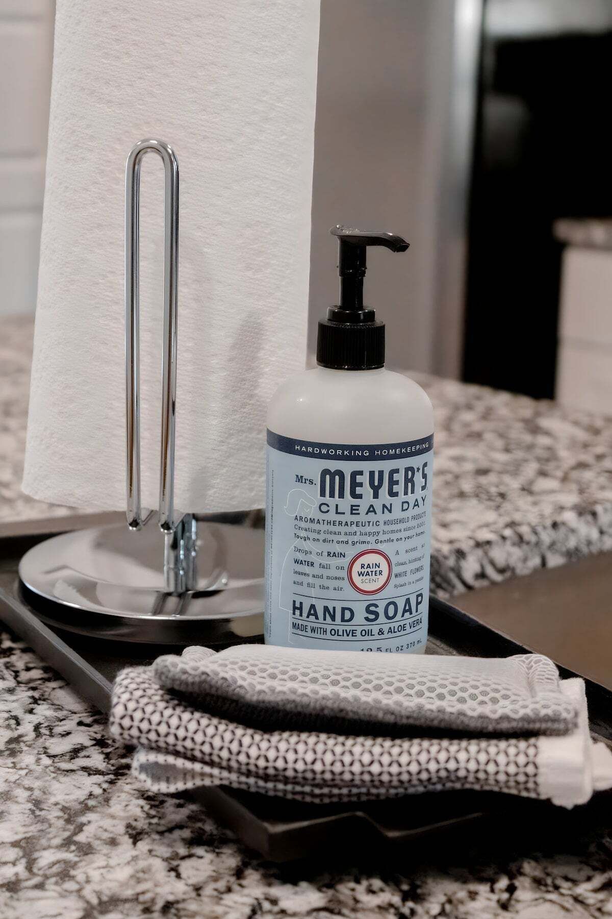 A bathroom sink with a paper towel holder, a bottle of hand soap, and a folded towel on a granite countertop.