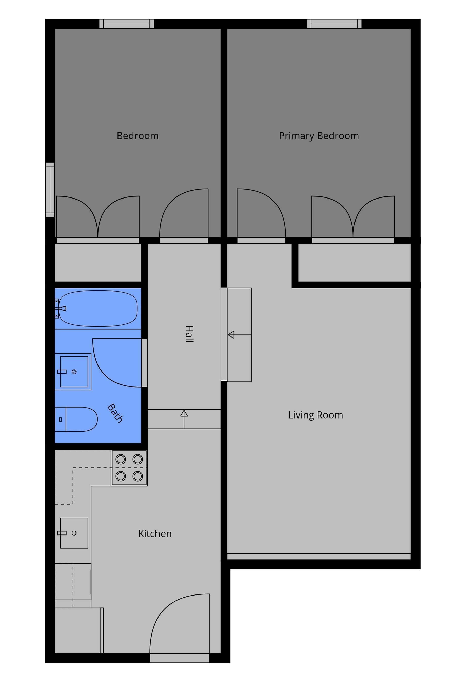 Plano de planta que muestra un dormitorio, habitación principal, sala de estar, baño y cocina.