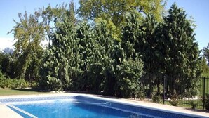 A rectangular swimming pool with a tiled edge, surrounded by a paved area and a metal fence. - A La Gallarie Bed and Breakfast  (Niagara-on-the-Lake)