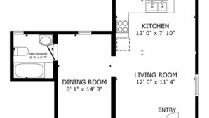 A floor plan with a kitchen measuring 12' 0' x 7' 10', a dining room at 8' 1' x 14' 3', a living room at 12' 0' x 11' 4', and a bathroom at 6' 0' x 6' 7'. - Downtown District - Modern Apt Yard, King Bed, W/D (Albuquerque)