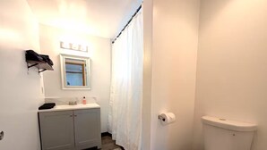 Een badkamer met toilet, wastafel, spiegel en douchegordijn.