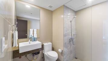 Hair dryer, towels, soap, toilet paper