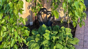 Ein Garten mit einer herzförmigen Skulptur, üppigem Grün und einem Gebäude im Hintergrund.