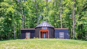 A modern house with a central dome and two side wings, surrounded by a grassy yard and dense trees.