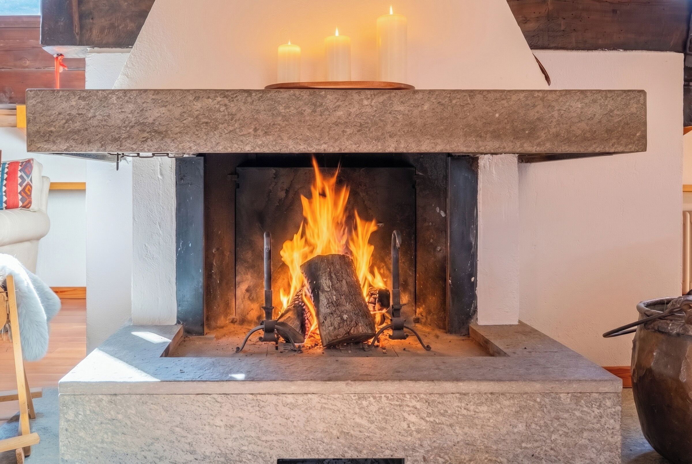 A stone fireplace with a fire, candles, and a rustic interior.
