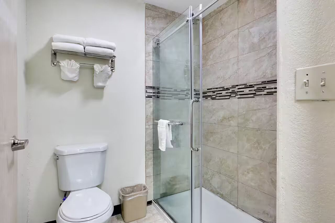 Shower, towels, soap, shampoo