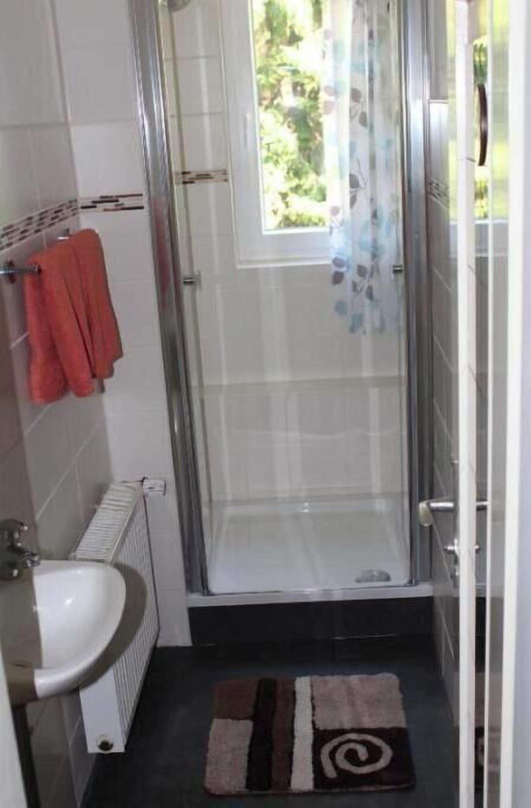 Un bagno con cabina doccia in vetro, un lavandino bianco e un tappeto a motivi.