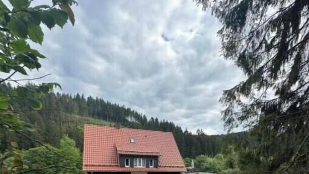 Ein zweistöckiges Haus mit rotem Ziegeldach, einer Auffahrt und einem darauf stehenden Auto.