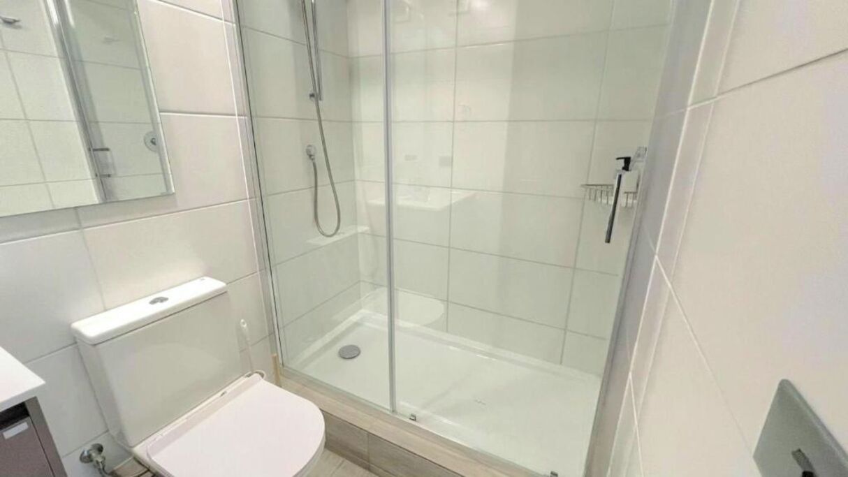 Une salle de bain avec une douche à parois de verre, des toilettes et un miroir.