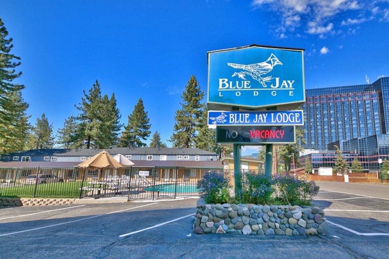 Segnaletica del Blue Jay Lodge con un messaggio di 'nessuna disponibilità', circondata da un muro in pietra, una piscina e un'area recintata con un edificio sullo sfondo.