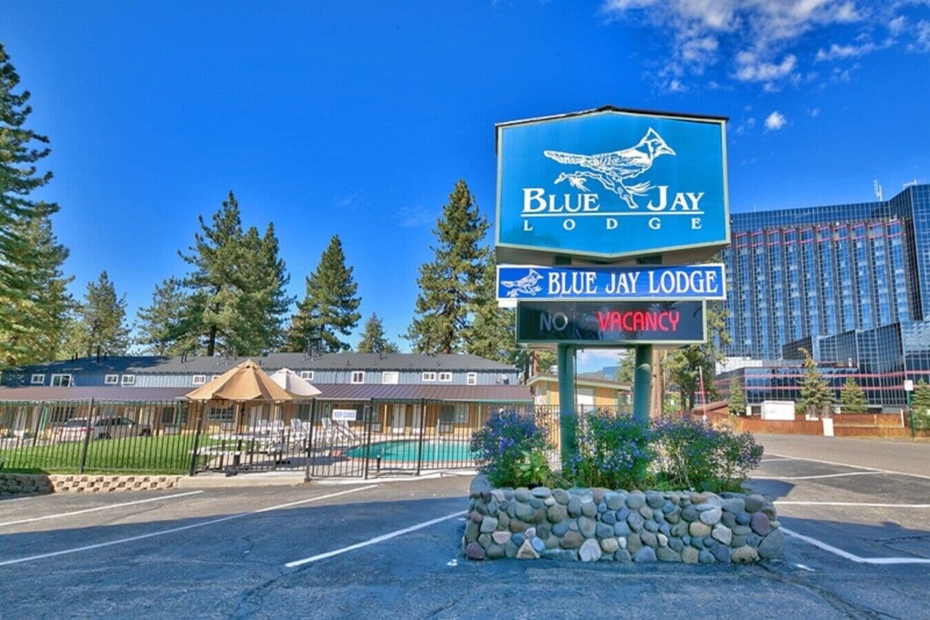 Une enseigne du Blue Jay Lodge indiquant « complet », entourée d’un mur de pierres, d’une piscine et d’une zone délimitée par une clôture, avec un bâtiment visible au fond.