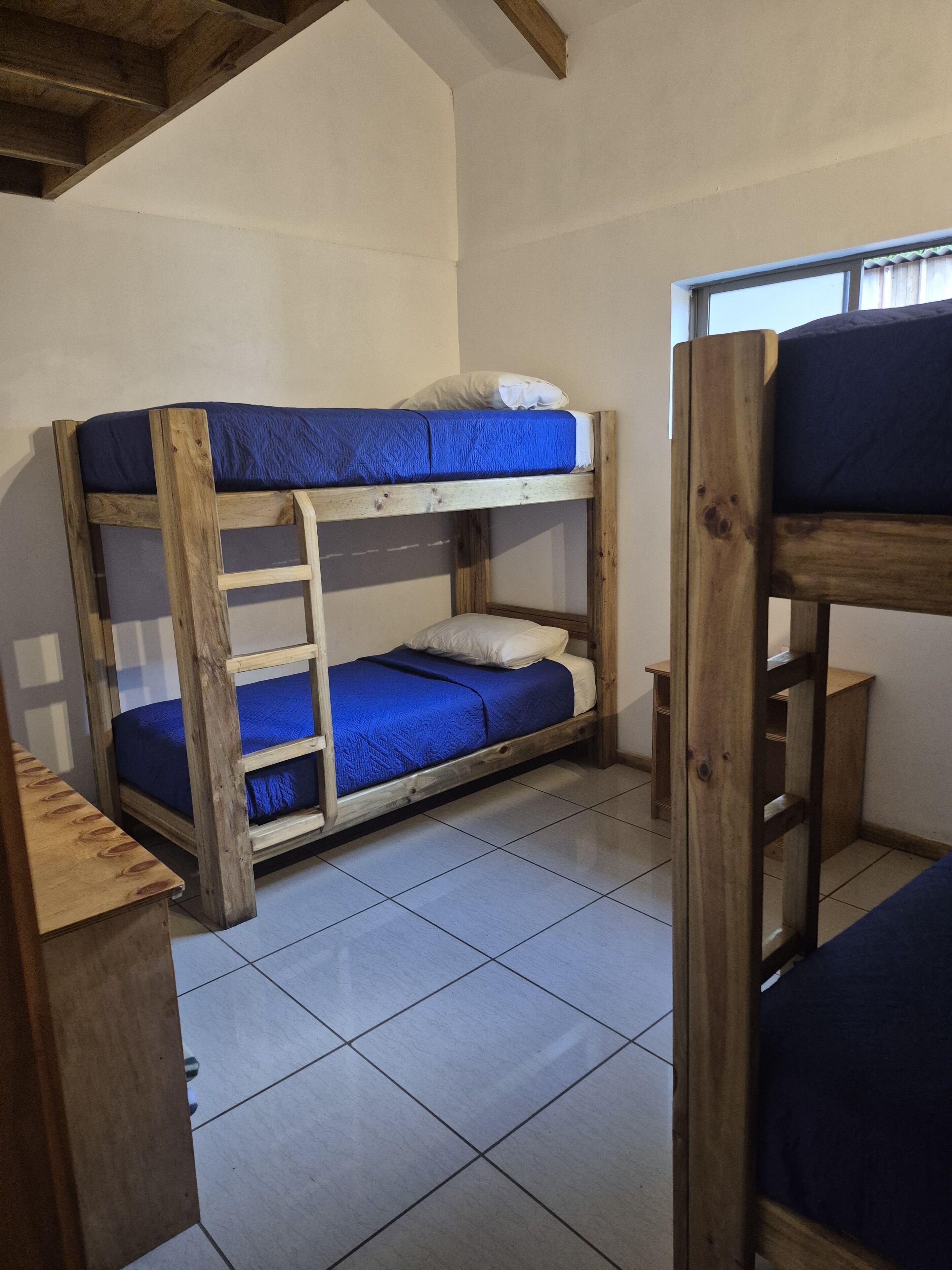 A bunk bed room with a wooden ladder, a small table, and a window.