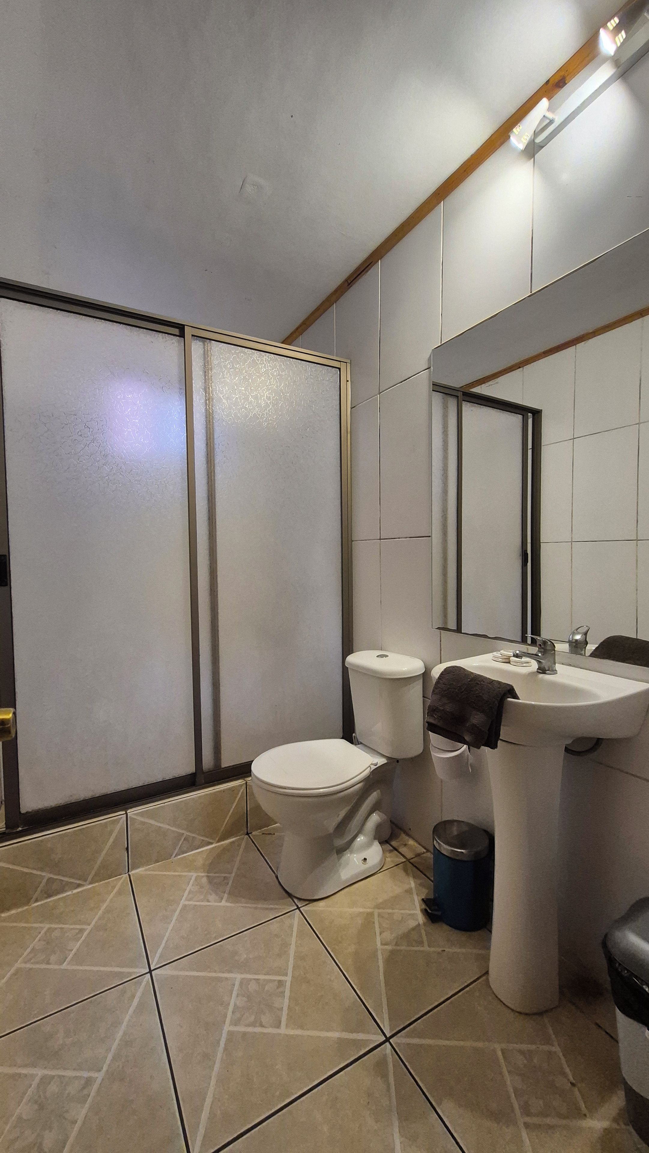 Un baño con inodoro, lavabo y espejo.