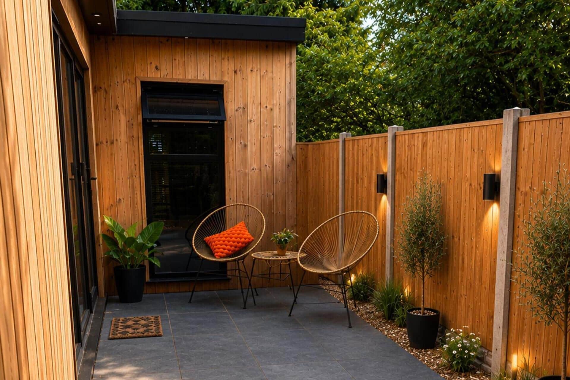 A wooden exterior wall with a door and windows, outdoor seating with chairs and cushions, and potted plants.