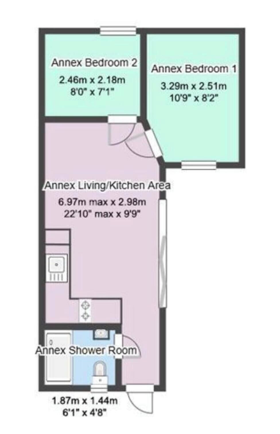 Plano de planta que muestra dos dormitorios, una zona de estar y cocina, y un baño con ducha.