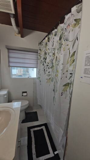A bathroom with a shower curtain, a toilet, a sink, and a window. - PNSUITES -SHARED FACILITIES-NEWLY RENOVATED (CLEANLINESS, COMFORT,AFFORDABILITY) (Edmonton)