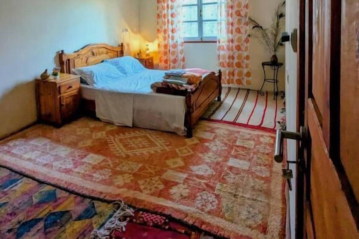 A bedroom with a bed, a nightstand, a lamp, a window with curtains, and a door.