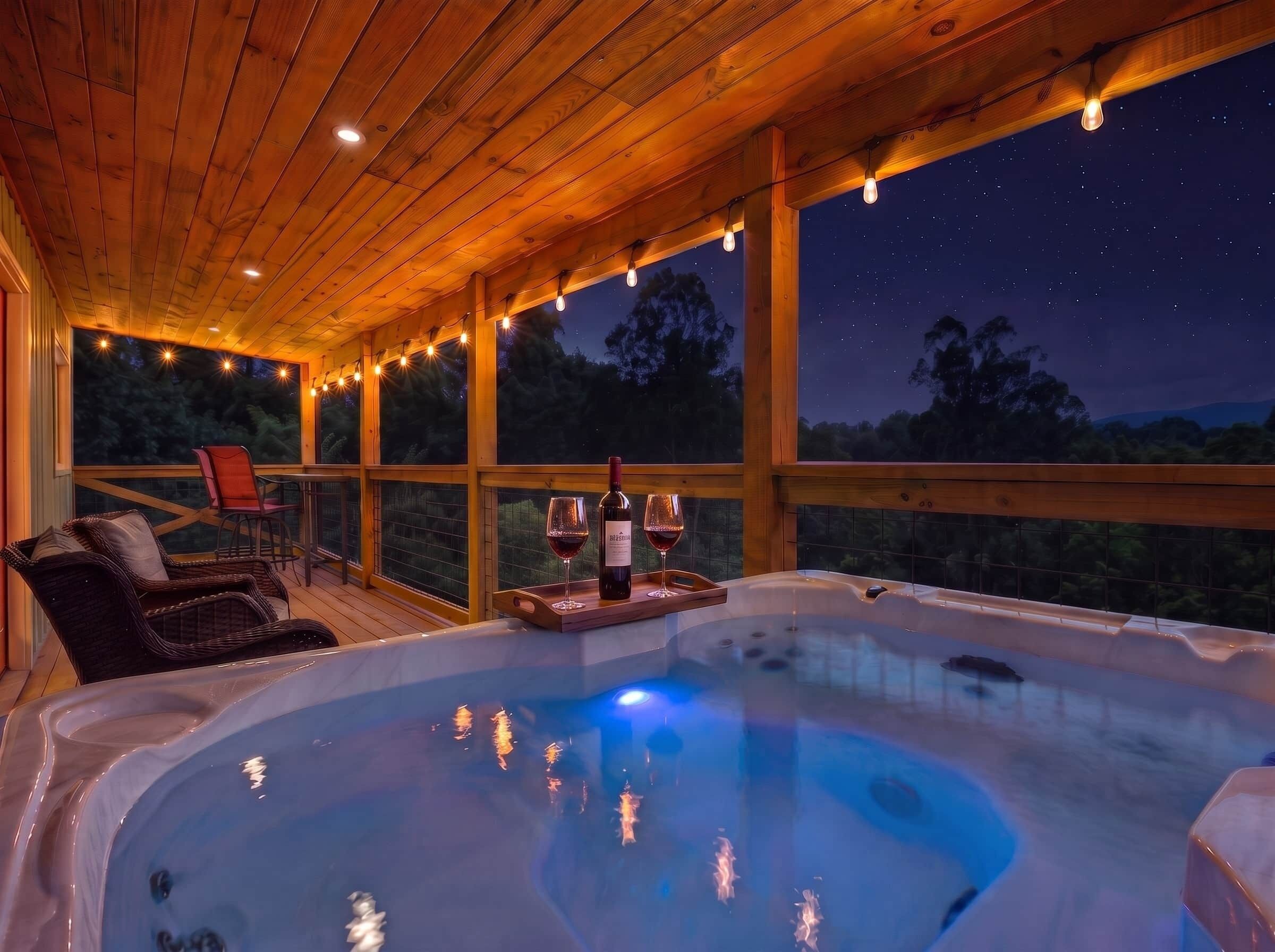 A hot tub with a wooden deck, a seating area with chairs, and a night sky view.