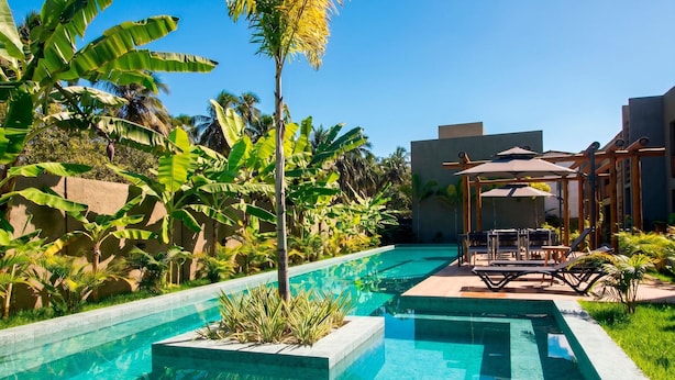 A swimming pool with a sun terrace, surrounded by lush greenery and palm trees. - Azuk Milagres 6 p Close to Patacho Beach by MME (Porto de Pedras)