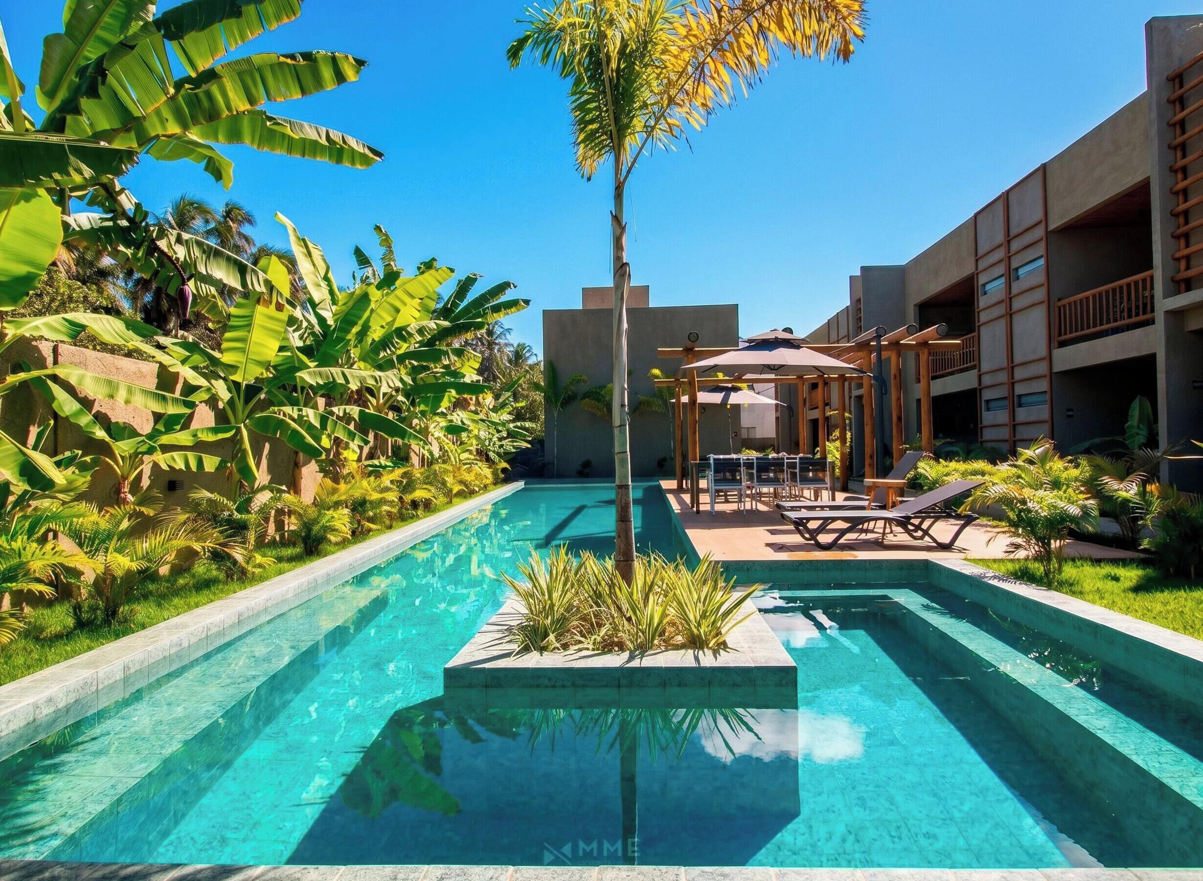 A swimming pool with a pergola and lounge chairs, surrounded by tropical plants and a modern building.