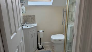 A compact bathroom with a skylight, a toilet, a sink, and a shower area.