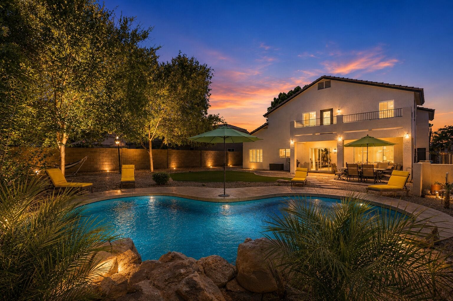 A modern two-story house with a swimming pool, outdoor seating, and a well-lit patio area.