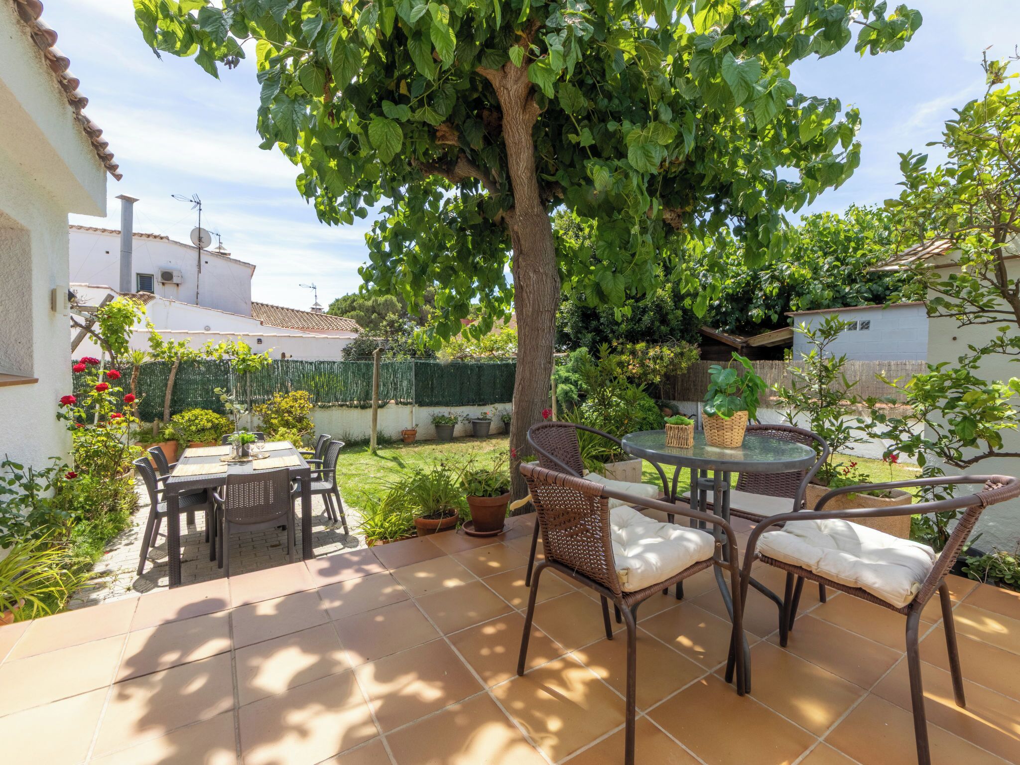 Een terras met een tafel en stoelen, omringd door potplanten en een boom.