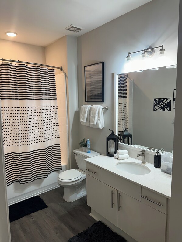 Hair dryer, towels, soap, toilet paper