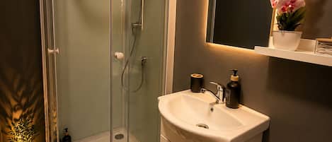 Un baño con ducha envuelta en vidrio, un lavamanos blanco con espejo arriba y una orquídea en maceta en la pared.