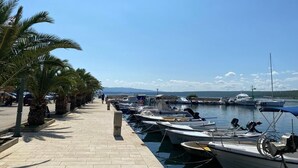 A marina with boats docked, a paved walkway, and palm trees. - Olive Garden -Family Villa with Private Pool in Posedarje near Zadar (Posedarje)
