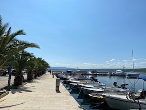 A marina with boats docked, a paved walkway, and palm trees. - Olive Garden -Family Villa with Private Pool in Posedarje near Zadar (Posedarje)