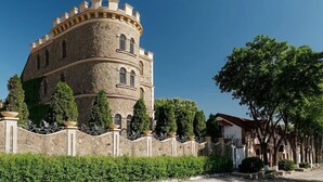 A historic stone building with a round tower, a gated entrance, and a well-maintained garden. - Hotel Chateau Cojusna (Cojușna)