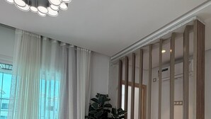 Moderni olohuone, jossa on kaksi harmaata sohvaa, suuri valaisin, ruukkukasvi ja puinen sermi.